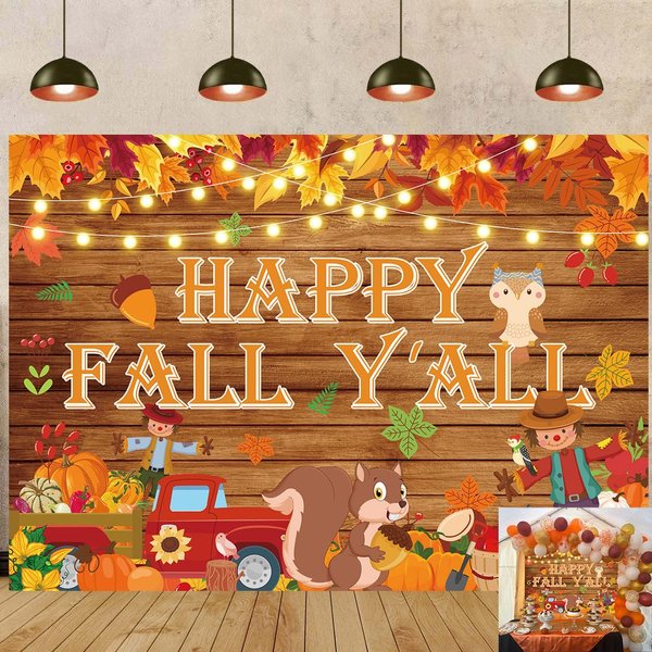 Happy Fall Y'all Banner Backdrop 7X5FT Fall Festival Decorations Banner,Rustic Wood Pumpkins Harvest Photography Background for Fall Party Decorations Supplies