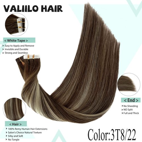 Tape in Hair Extensions Human Hair 22 Inch Balayage Brown to Blonde Highlights Human Hair Extensions 50g 20pcs Tape ins Skin Weft Hair Extensions Invisible Glue in Hair Extensions