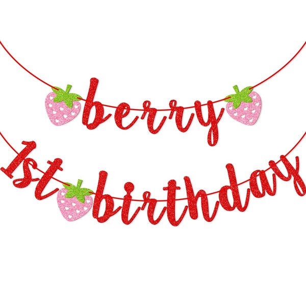 Berry First Birthday Banner, Glitter Strawberry Banner, 1st Birthday Decor (Red)