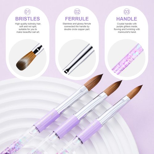 KEMEISI 3PCS Acrylic Nail Brush Set, Size 06/12/16 Kolinsky Nail Art Brushes for Acrylic Application, Sturdy Handle Oval Shaped Acrylic Powder Nail Design Tools for Professional Manicure DIY Home