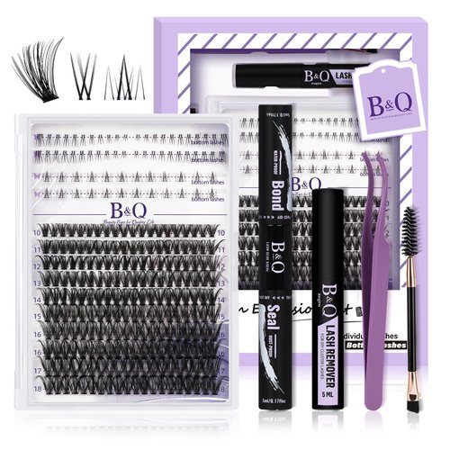 B&Q Eyelash Extension Kit with Bottom Lash Extension 10-18mm 40D D Curl Lash Clusters Kit with Bottom Lashes DIY Lash Extension Kit Bond and Seal Lash Applicator (Kit-40D-D-MIX10-18)