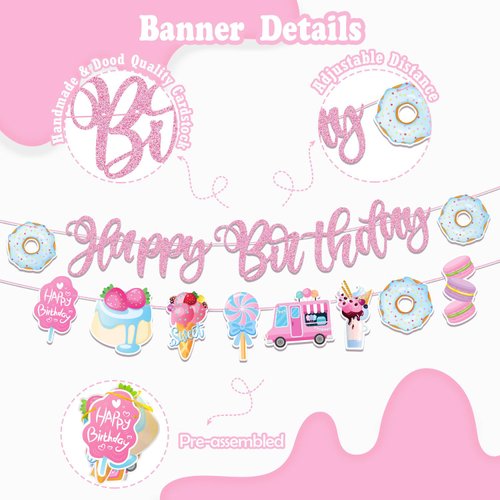 JUYRLE Sweets Birthday Party Decorations for Girls- Pastel Ice Cream Party Supplies, Donut Balloons Happy Birthday Banner Cupcake Topper Candy Theme Birthday for Baby Shower Wedding