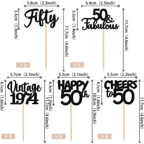 30PCS Happy 50th Birthday Cupcake Toppers Glitter Fifty Vintage 1974 Cupcake Picks Cheers to 50 Fabulous Cake Decorations for 50th Birthday Wedding Anniversary Party Supplies Black