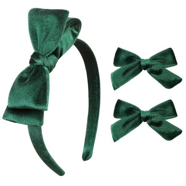 DEEKA Dark Green Velvet Bow Headband & 2 Pcs Velvet Hair Bows Set Velvet Uniform Hair Accessories Hair Band for Little Toddler School Girls -Dark Green