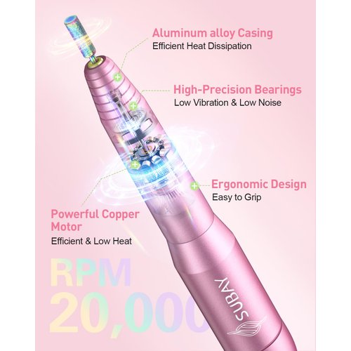 Subay Electric Nail Drill, Portable Electric Nail File for Acrylic Gel Nails, Nail Drill Kit Manicure Pedicure Tool with 6 Nail Drill Bits and 26 Sanding Bands for Home and Salon Use - Pink