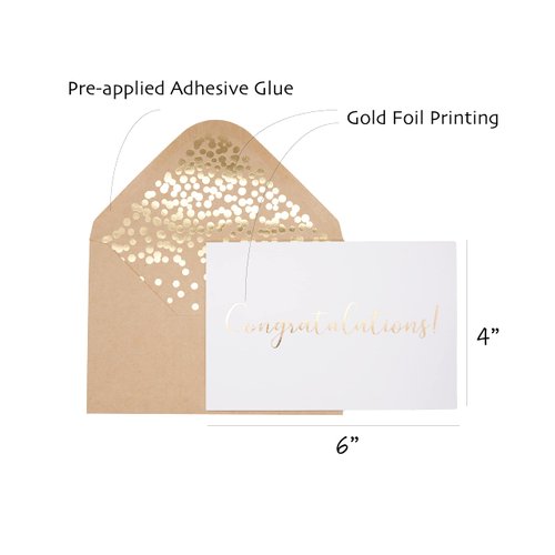 50 Pack Congratulations Card – Elegant Greeting Cards With ‘’Congratulations’’ Embossed In Gold Foil Letters – For Engagement, Graduation, Wedding - 52 Kraft Envelopes Included - 4" x 6" - White