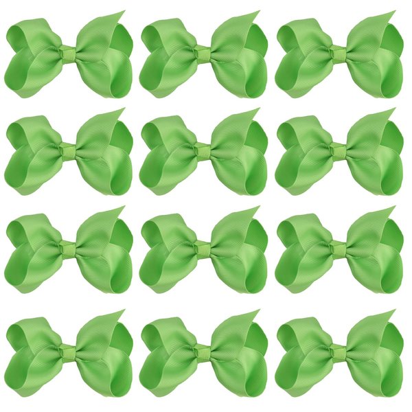 4 Inch Boutique Girls Hair Bows Hair Clips for Baby Girls Toddlers 12 Pcs Solid Color (Apple Green)