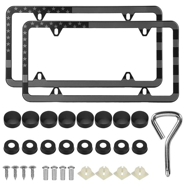 American Flag License Plate Frames, 2 Pack Black Patriotic USA Car Plate Frame, Aluminum License Plate Holder with Free Screws Fasteners Caps and Tool