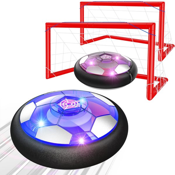 HIEMAO Hover Soccer Ball Set Kids Toys, Two Rechargeable Soccer Balls with LED Lights and Foam Bumper, Air Powered Hover Balls with 2 Goals for Boys and Girls Ages 3 4 5 6 7 8-12 Indoor/Outdoor Games