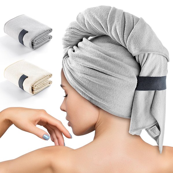 Microfiber Hair Towel Wrap for Women - Hair Wrap Towels - Plopping Towel Curly Hair Turban Drying with Elastic Band, Thick, Super-Absorbent, Lint-Free, Safe and Hygienic Without Odor (Gray & White)