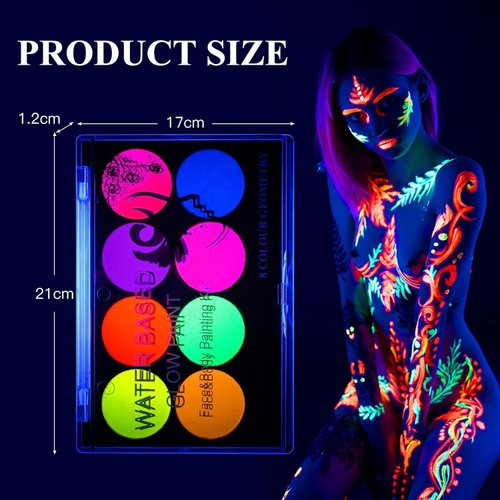 Glow UV Blacklight Face Paint Kit,Fluorescent Colors Body Face Paint Painting 8 Colors Bright Palette，Water Activated Makeup Eyeliner ,Halloween Party Washable for Kids Adult Body Paint Supplies