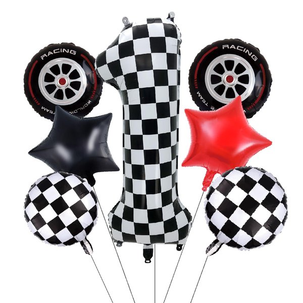 Eoopoon Race Car Balloons Party Decorations,42 Inch Black and White Checkered Number Balloon 1, 1th Race Car Birthday Party Supplies, Race Car Balloon Theme Party Decor Supplies 7Pcs(Checkered set 1)
