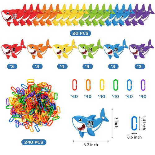 AsodSway 260 Shark Card C Clips Hooks Plastic Chain Links Shark Card for Counting&Linking Math Games Suitable Development of Sensory Toy Child Color Number Discrimination of Educational