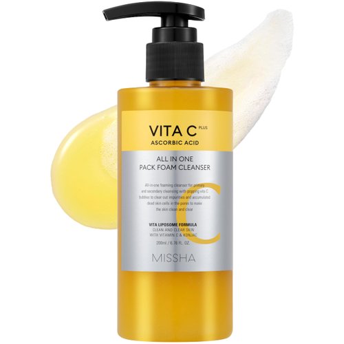MISSHA Vita C All-In-One Bubble Foam Facial Cleanser 6.76 Fl oz / 200ml- Deep Pore Detox, Magic Bubbles with 99% Pure Vitamin C, Korean Face Wash - Removes Impurities, Makeup, Blackheads, Whiteheads