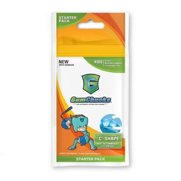 GumChucks | Faster, Easier Flossing! Kids Starter Pack for Teeth | Dental Gum Floss Picks | Floss Threaders Tool | Flossers Designed for Braces | Reusable Handles, 12 Flossing Tips and Card