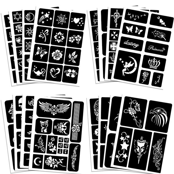 Qpout Tattoo Stencils For Kids Adults, 16 Sheets Henna Tattoo Stencil Kit, Small and Big Tattoo Stencils Designs, Tattoo Stencils for Real Tattoos, Skeleton Spider Owl Flower Butterfly Tribal Totem
