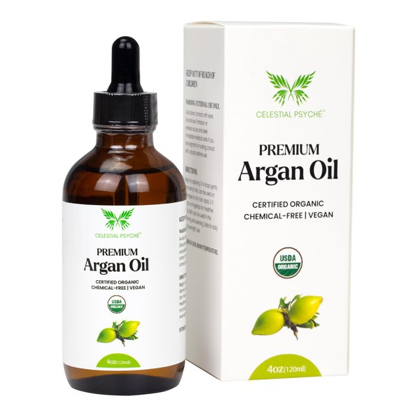 Celestial Psyché USDA Certified Organic Argan Oil (4 Oz) 100% Pure Natural, Chemical-Free, Vegan, Hexane-Free, Healthy Hair Growth, Scalp Care, Skin Hydration, Natural Beauty Enhancement