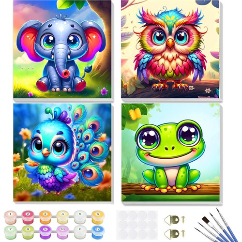 croshom 4 Pack Animals Paint by Number for Kids with Wooden Frame-Paint by Numbers for Kids Butterflies Ages 4-8-12,Without Frame DIY Color Animal Oil Painting Acrylic Paints, Home Wall Decor 8x8inch