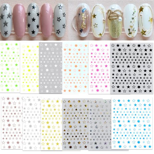 12 Colors Stars Nail Stickers for Women Girls Kids - 3D Self Adhesive Star Nail Decals for Natural Fingernails and Acrylic Nails Star Nail Decor for Nail Art Design DIY Nail Decoration