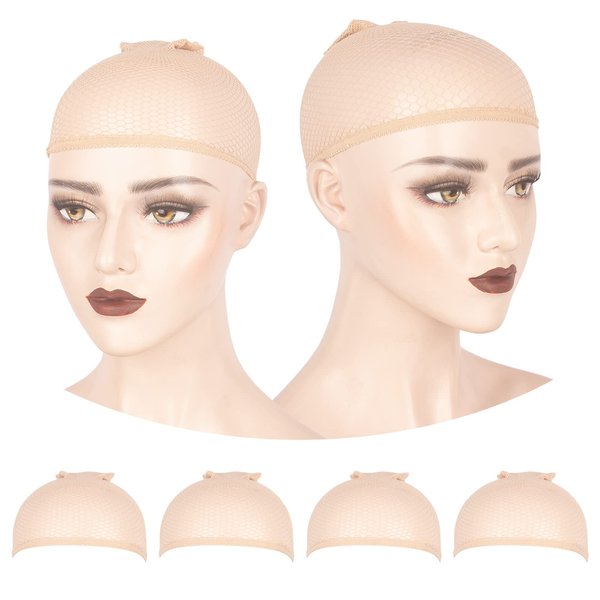 WeKen Individual Package Wig Cap, 4PCS Beige Mesh Wig Cap Net, Two End Open Mesh Net Wig Caps, Liner Weaving Caps for Women, Men, Kids