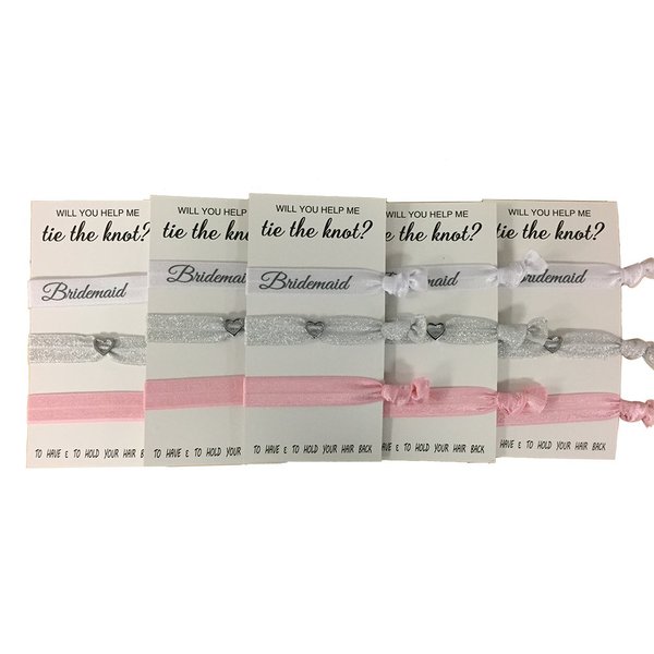Bridesmaid Hair Ties, Bridesmaid Proposal Gifts-5 Pack Pink Ribbon Hair Ties No Crease Elastics Handtied Ouchless Ponytail Holders Hair Band Bracelet Favors for Bachelorette Parties, Bridal Showers