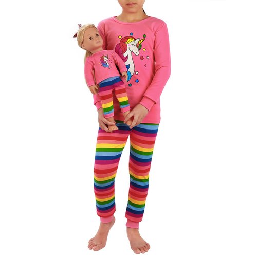 HDE Girls Unicorn Pajamas with Matching Doll Outfit Cotton Pajama Set for Girls Pink Pink Rainbow Unicorn/Long - 6
