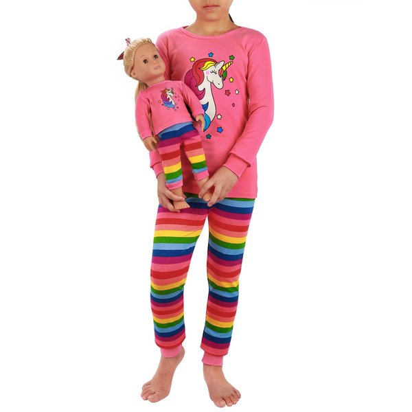 HDE Girls Unicorn Pajamas with Matching Doll Outfit Cotton Pajama Set for Girls Pink Pink Rainbow Unicorn/Long - 6