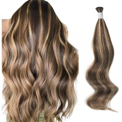 ABH AMAZINGBEAUTY HAIR I Tip Hair Extensions Real Remy Hair 18 Inch Tip Human Hair Extensions Chocolate Brown Highlighted Caramel Blonde I Tip Fusion Human Hair Extensions Brown Color 50G/50Strands