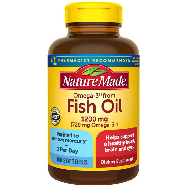 Nature Made Fish Oil Omega 3 Supplements, Omega 3 Fish Oil as Ethyl Esters 1200 mg Softgels, EPA DHA Supplement for Healthy Heart, Brain, Eye Support, One Per Day, 100 Softgels
