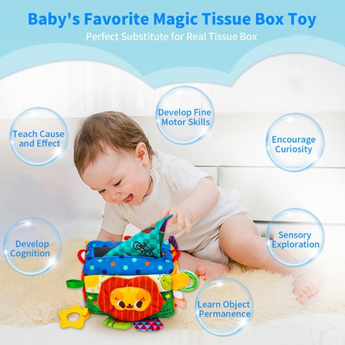 Jbery Baby Tissue Box Toy - Baby Toys 6-12 Months Montessori Toys for 6 Month Old Toys with Textured Tails, Baby Cloth Tissues Toy, Crinkle, Squeaky Sounds, Mirror