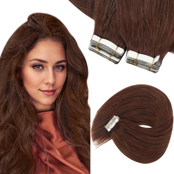 Sunny Hair Auburn Tape in Hair Extensions Auburn Brown Human Hair Extensions Tape ins Auburn #33 Tape in Natural Hair Extensions Burgundy Tape in Auburn Hair Extensions 50g 20pcs 18inch