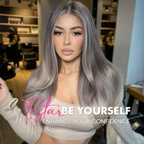 testar 13×6 HD Lace Front Wig Long Gray Wigs for Women 22 Inch Silver Ombre Wig Straight Natural Layered Hair Glueless Wig Synthetic Lace Front Wigs Middle Part Halloween/Party/Daily Use (Hand Tied)