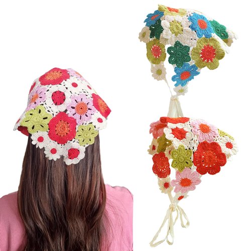 2 Pieces Crochet Hair Bandana Floral Hair Scarf Boho Head Kerchief Vintage Headbands Triangle Hair Tie Handmade Hair Accessories for Girls Women (Red/Blue)