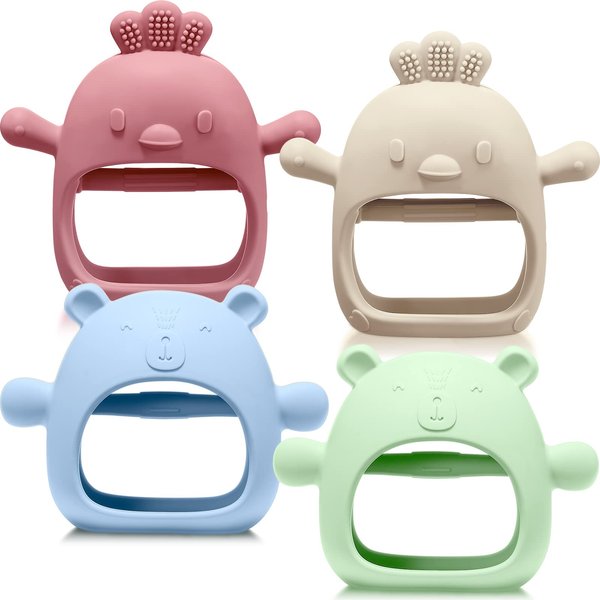 Woanger 4 Pcs Baby Teething Toys Bear Hand Teethers for Babies Silicone Chick Teething Toys for Babies Over 6 Months Anti Dropping Wrist Mitten for Sucking Needs (Blue, Dark Green, Yellow, Maroon)