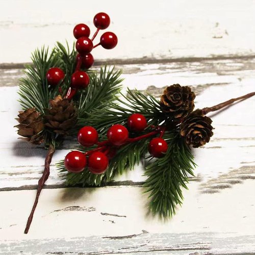 Pine Cone Red Berry Picks Stems Crafts Branch Christmas Wreath - 10Packs, Holly Artificial Evergreen Branches Tiny Pine Cones Picks Décor Floral Picks for Christmas Flower Wreaths DIY Xmas Gifts