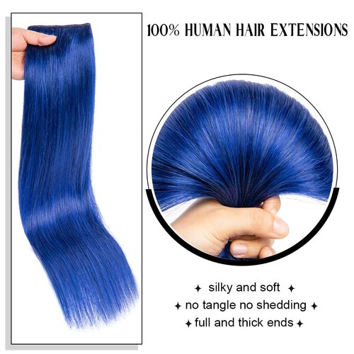 Winsky Hair Extensions Real Human Hair - One Piece Blue Color Remy Hair Extensions Clip on 70gram for Women (14inch, Blue)