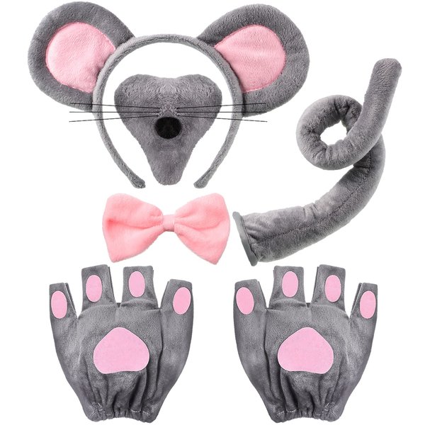 Sintege Mouse Costume Set for Kids Adult Mice Ears Headband Mouse Nose Tail Mouse Gloves Bow Tie Animal Costume Accessories for Carnival World Book Day Halloween Cosplay Party