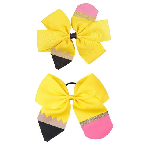 School Bow Cheer Bow Clip, Back to School Hair Bow Ponytail Holder, Pencil Girls Hair Clips ZFJ26 (Yellow Set)