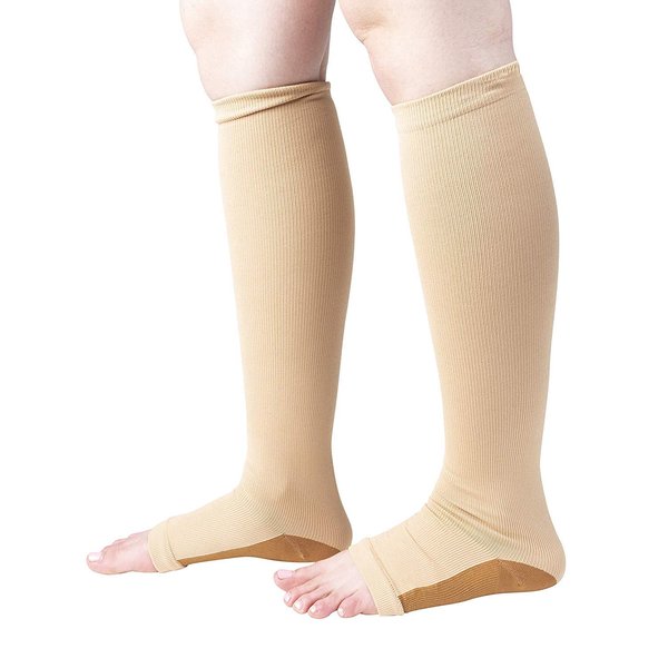 Juniper's Secret Copper Infused Toeless Compression Calf Socks for Women and Men 2 pair FREE Eyeglass Pouch (Beige, XL/XXL)