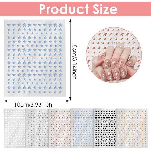 Yuanchu 6 Sheets Star Nail Stickers,3D Self-Adhesive Nail Decals Glitter Shiny Gold Silver White Black Small Stars Nail Art Supplies Manicure Accessories for Women Girls DIY Nail Art Design
