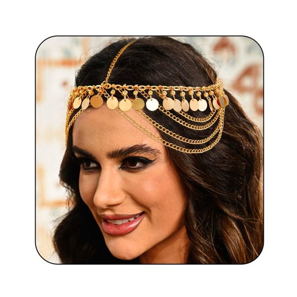 Fashey Sequins Headchain Boho Tassels Headband Gold Forehead Chains Bridal Headpiece Festival Hair Accessories for Women