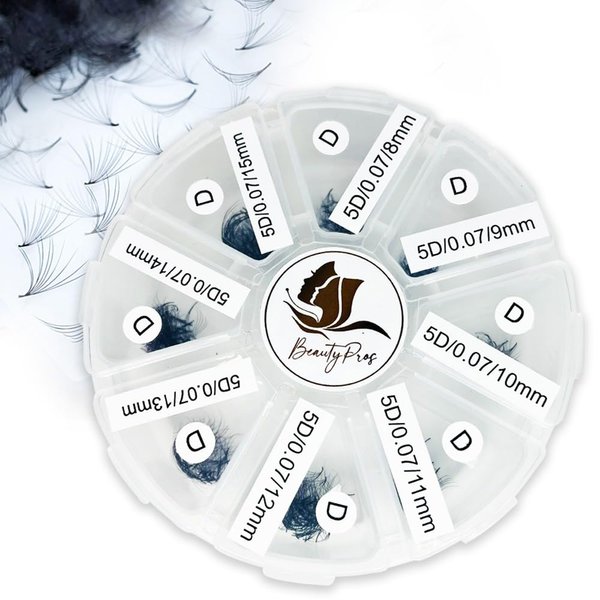 BeautyPros 10D Premade Volume Lash Extension Kit- 5D Mixed Tray 1000 Premade Fans Eyelash Extensions - Promade Lash Fans Pointed Handmade Premade - Loose Fans Thin Base (10D C-Curl 9-16mm)