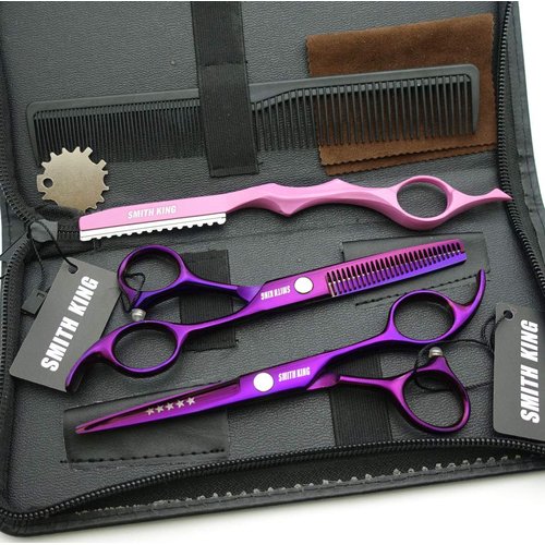 5.5 Inches Hair Cutting Scissors Set with Razor Combs Lether Scissors Case,Hair Cutting Shears Hair Thinning Shears for Personal and Professional (Voilet)