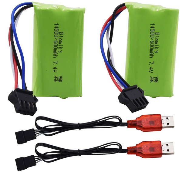 Blomiky 2 Pack 7.4V 2S 600mAh Li-ion Rechargerable Battery with SM-4P Plug and Charger Cable Compatible with Some Water Ball Blasters and DE85 RC Cars/JF-71A Battery