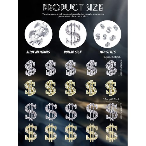 20Pcs Money Dollar Nail Charms, Wsimily 3D Silver Gold Alloy Dollar Rhinestones Nail Art Charms Shiny Money Sign Crystal Nail Decorations for Women Girls Nail Art Craft Jewelry DIY