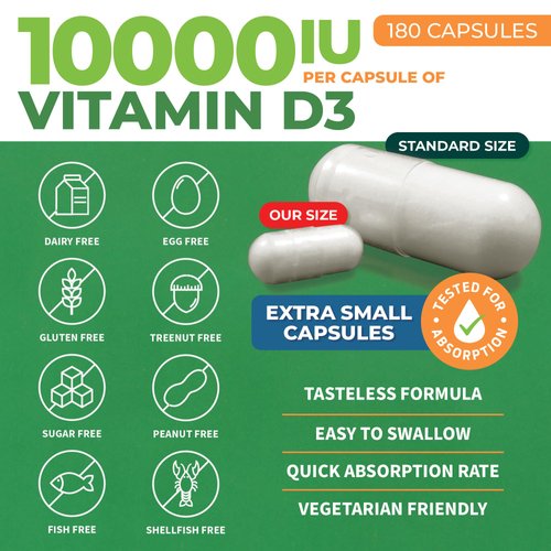 ForestLeaf Vitamin D3 10000IU - Bone Health and Immune Support - Small Easy to Swallow Capsules - Non-GMO Gluten Free VIT D - VIT D3 Vitamin D Supplements for Women and Men, 180 Count