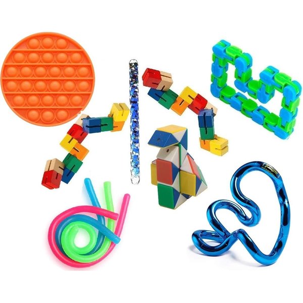 Sensory Fidget Toys Set - 10 Pcs Stress Reducer Anxiety Relief Including Genuine Tangle Metallic Fidget Toy, Wooden Fidget Block, Snap N Click Fidget, Snake Cube Puzzle