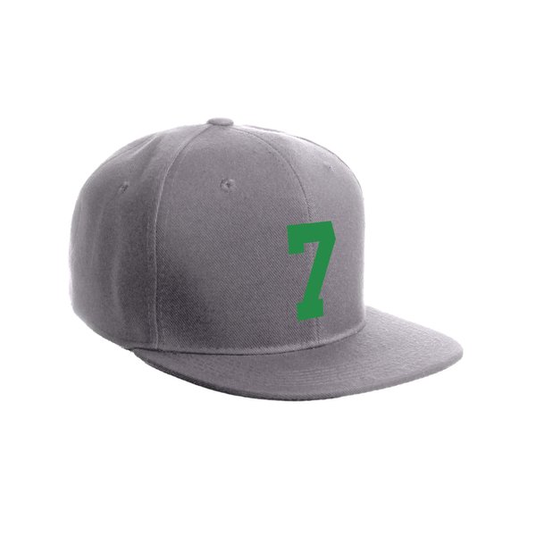 Classic Flat Bill Visor Snapback Hat Custom Color Player Team Numbers, Number 7 Green, Grey Hat