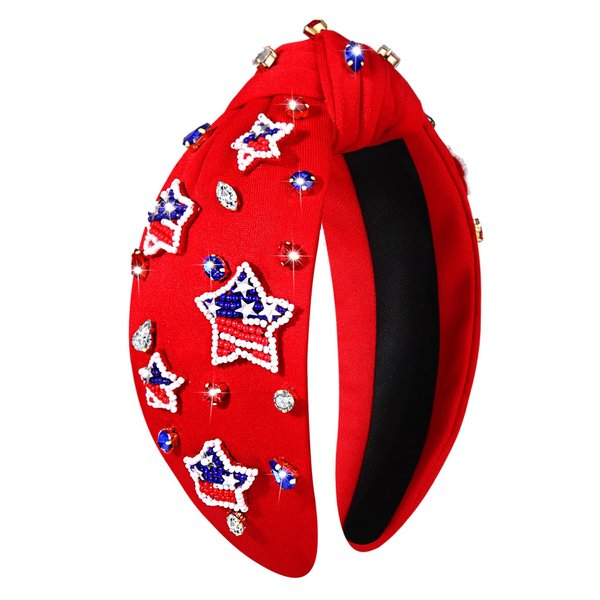 4th of July Headbands for Women, 4th of July Accessories, American Flag Patriotic Headbands, Rhinestone Pearl Knotted Headbands Beads Embellished Jeweled Headbands Holiday Gifts (Star E-Red)