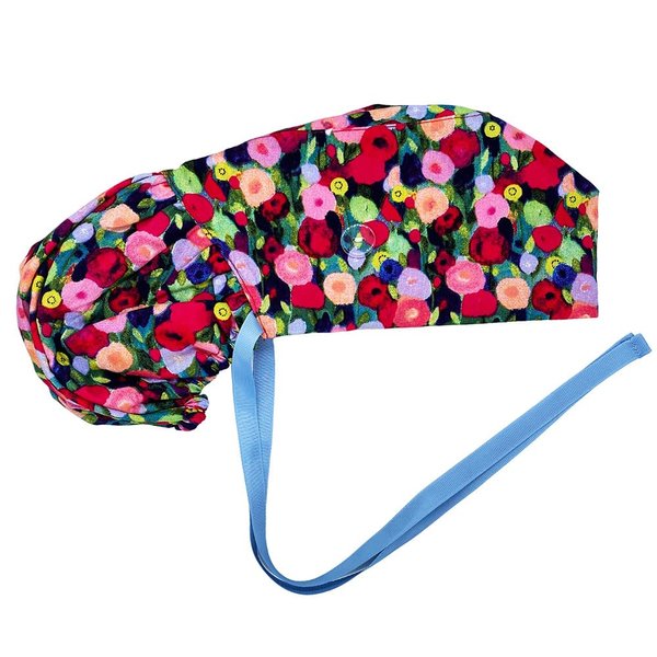 Scrub Cap with Silky Inner - Cotton Hat with Sweatband and Buttons, Adjustable Tie Back Ponytail(Randomly Provide Hair Ring) (Tulip)